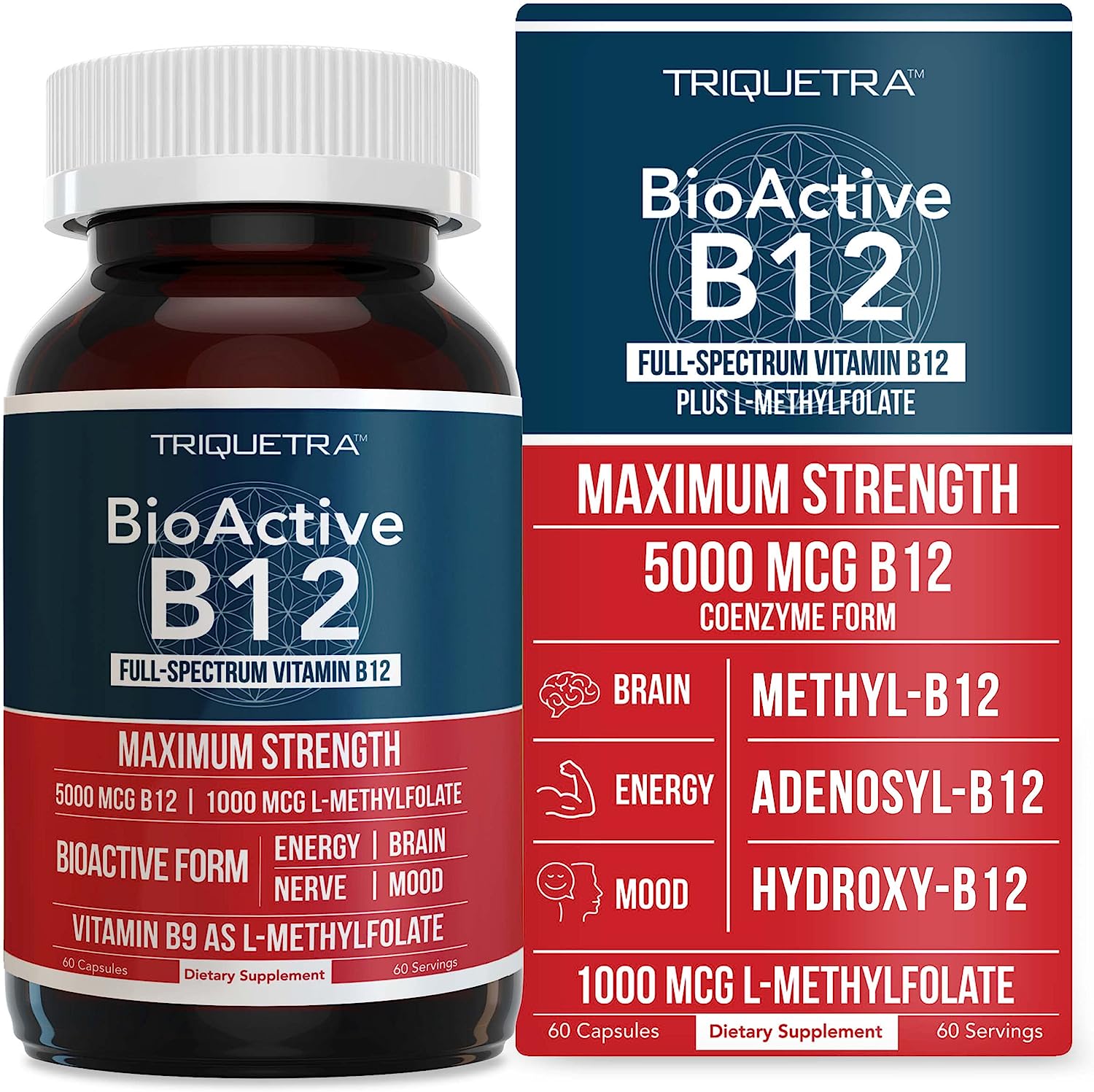 BioActive Vitamin B12 - 5000 mcg, Contains 3 BioActive B12 Forms Plus Methylfolate Cofactor - Methyl B12, Adenosyl B12 & Hydroxy B12 | Supports Energy, Metabolism & Mood | Vegan, Non-GMO (60 Servings)