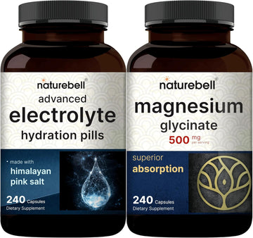 Naturebell Magnesium Glycinate Capsules 500Mg & Advanced Electrolyte Hydration Pills Bundle Pack | Chelated & Purified Mineral | Fast Hydrating Keto Electrolytes