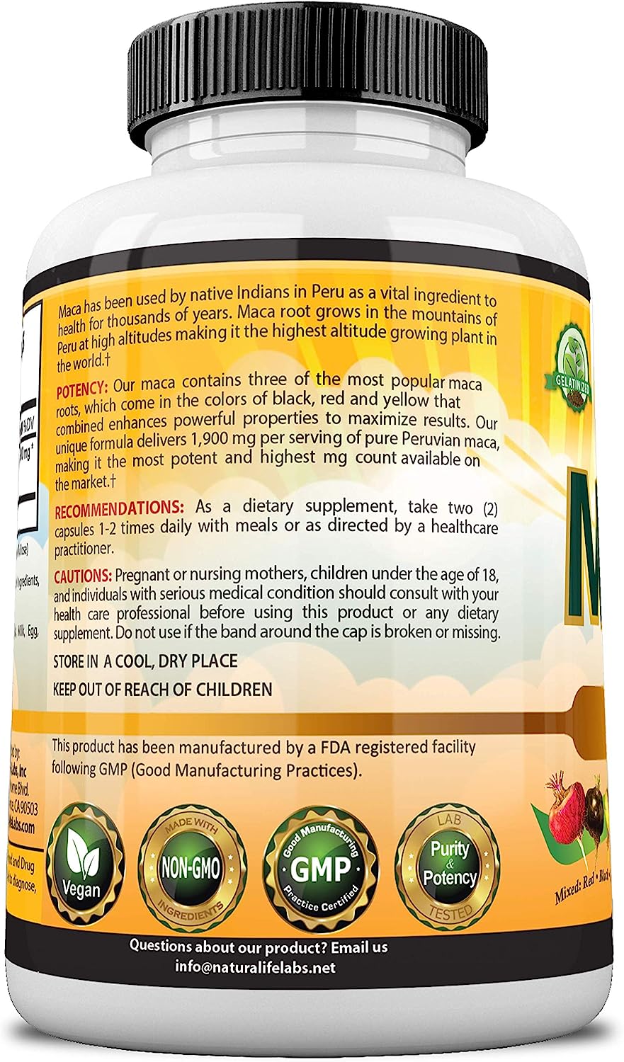 Organic Maca Root Black, Red, Yellow 1900 MG per Serving - 150 Vegan Capsules Peruvian Maca Root Gelatinized 100% Pure Non-GMO Supports Reproductive Health Natural Energizer : Health & Household