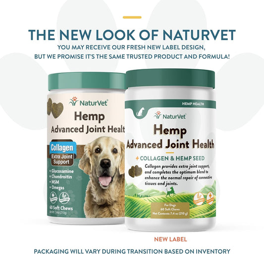 NaturVet Hemp Advanced Joint Health Dog Supplement Plus Hemp Seed – Helps Support Joint Health in Dogs – Includes, Collagen, Glucosamine, MSM, Chondroitin, Omegas – 60 Ct