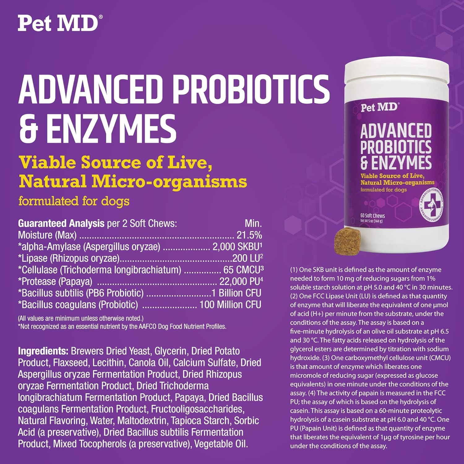 Pet MD Probiotics & Enzymes for Dogs - Gut Health Chews with Prebiotics - Digestive Aid for Dogs with Upset Stomach, Diarrhea, Constipation, or Gas - Functional Probiotics for Dogs - 60 ct : Pet Supplies