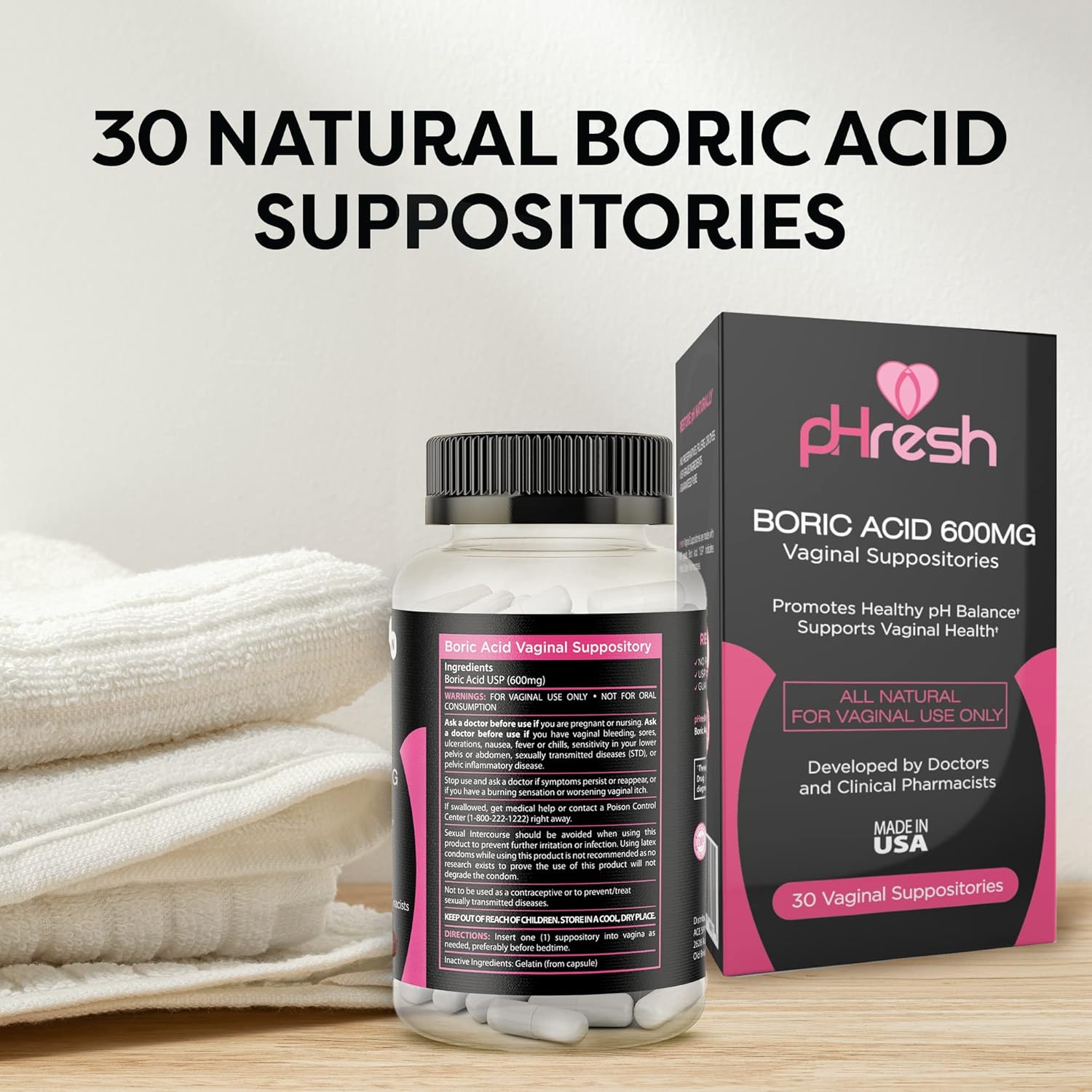 ACE NUTRITION pHresh Boric Acid Suppositories for Women, Suppositories for Odor Use, Natural Feminine Care Supports Vaginal Health & Promotes Healthy pH Balance - Made in USA : Health & Household