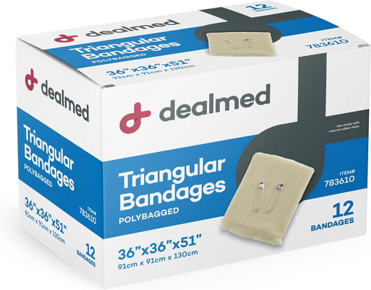 Dealmed Latex-Free Triangular Bandages – 12 Cotton Bandages With 2 Safety Pins, 36" X 36" X 51" Compression Bandage Wrap, Wound Care Product For First Aid Kit And Medical Facilities