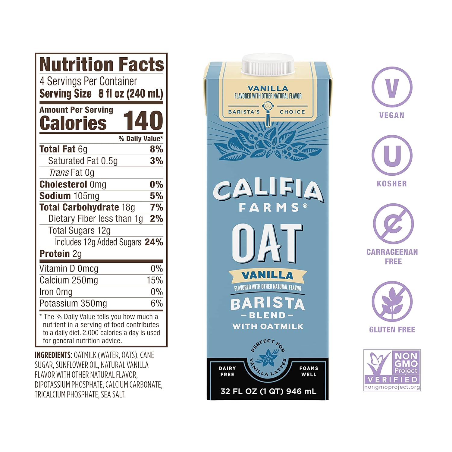 Califia Farms – Vanilla Oat Barista Blend Oat Milk, 32 Oz (Pack Of 6), Shelf Stable, Dairy Free, Plant Based, Vegan, Gluten Free, Non Gmo, Milk Frother, Creamer, Blue