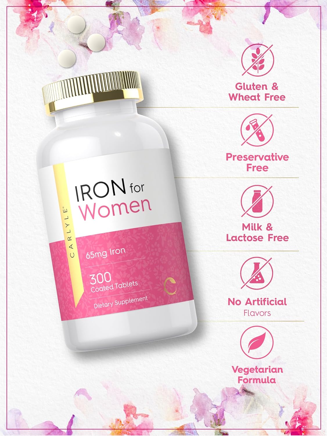 Carlyle Iron for Women 65mg | 300 Coated Tablets | Vegetarian, Non-GMO & Gluten Free Supplement : Health & Household