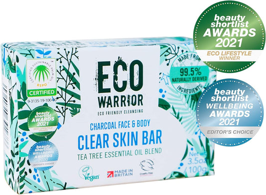 Eco Warrior Charcoal Clear Skin Soap Bar | Vegan, Cruelty-Free, Eco Friendly, Natural | Moisturising Charcoal, Grapeseed, And Anti-Bacterial Tea Tree Essential Oils | No Sls Or Parabens | 100G
