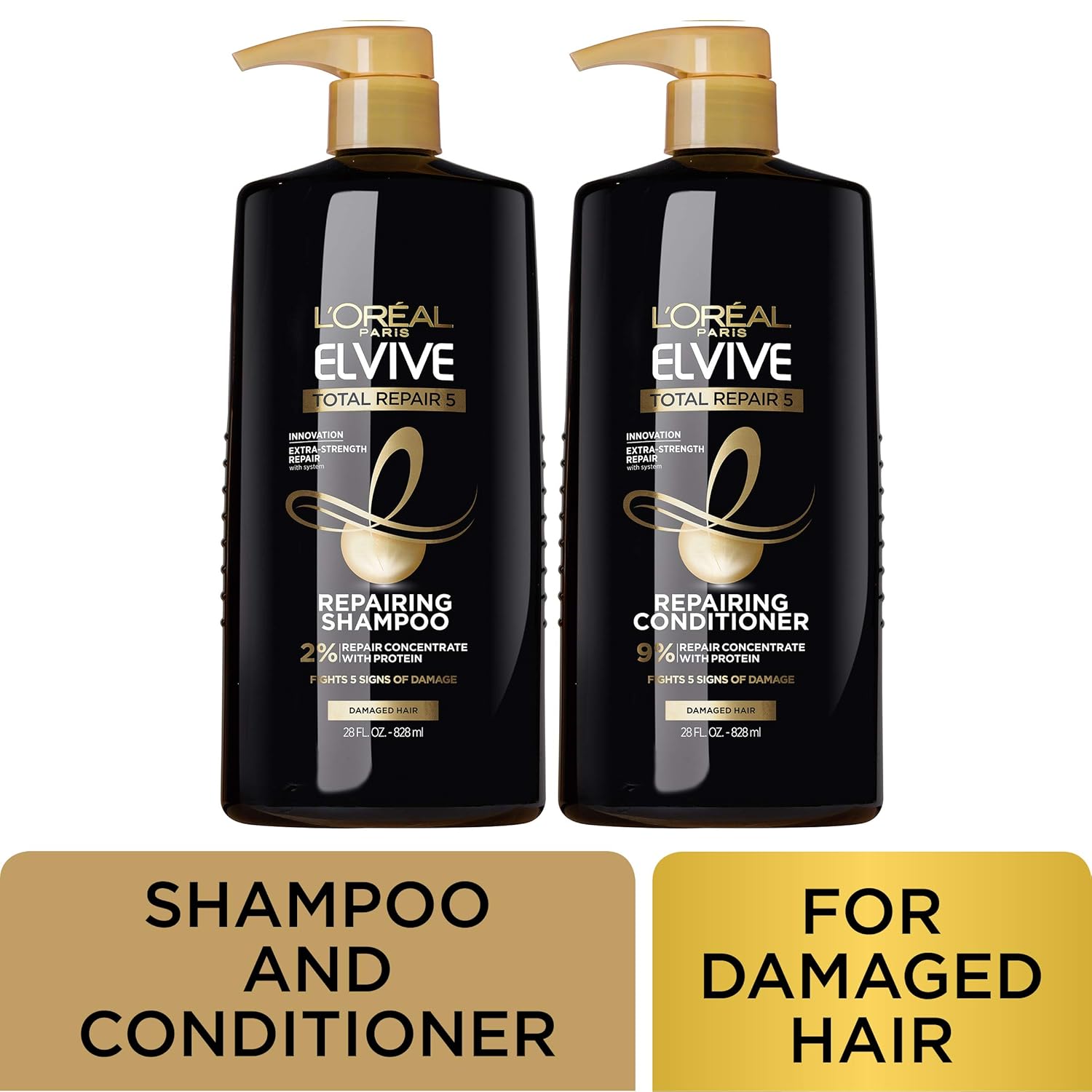 L'Oreal Paris Elvive Total Repair 5 Repairing Shampoo and Conditioner for Damaged Hair, 28 Ounce (Set of 2) : Beauty & Personal Care