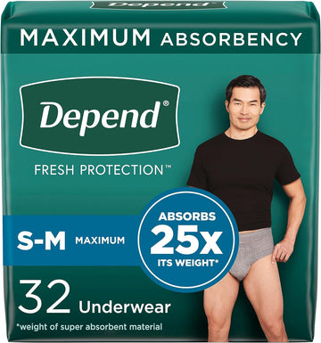 Depend Fresh Protection Adult Incontinence Underwear For Men (Formerly Depend Fit-Flex), Disposable, Maximum, Small/Medium, Grey, 32 Count, Packaging May Vary