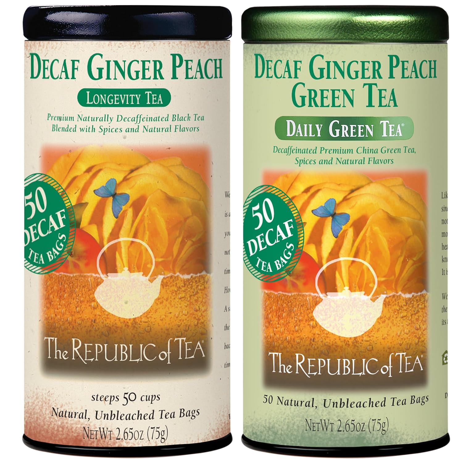 The Republic Of Tea – Decaf Ginger Peach Black And Decaf Ginger Peach Green Tea Bundle – 50 Count Tea Bags Each