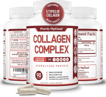 Purely Optimal Premium Multi Collagen Peptides Capsules (Types I, Ii, Iii, V, X) - Hair, Skin And Nails, Digestive & Joint Health Supplement, Hydrolyzed Collagen Pills (90 Capsules)