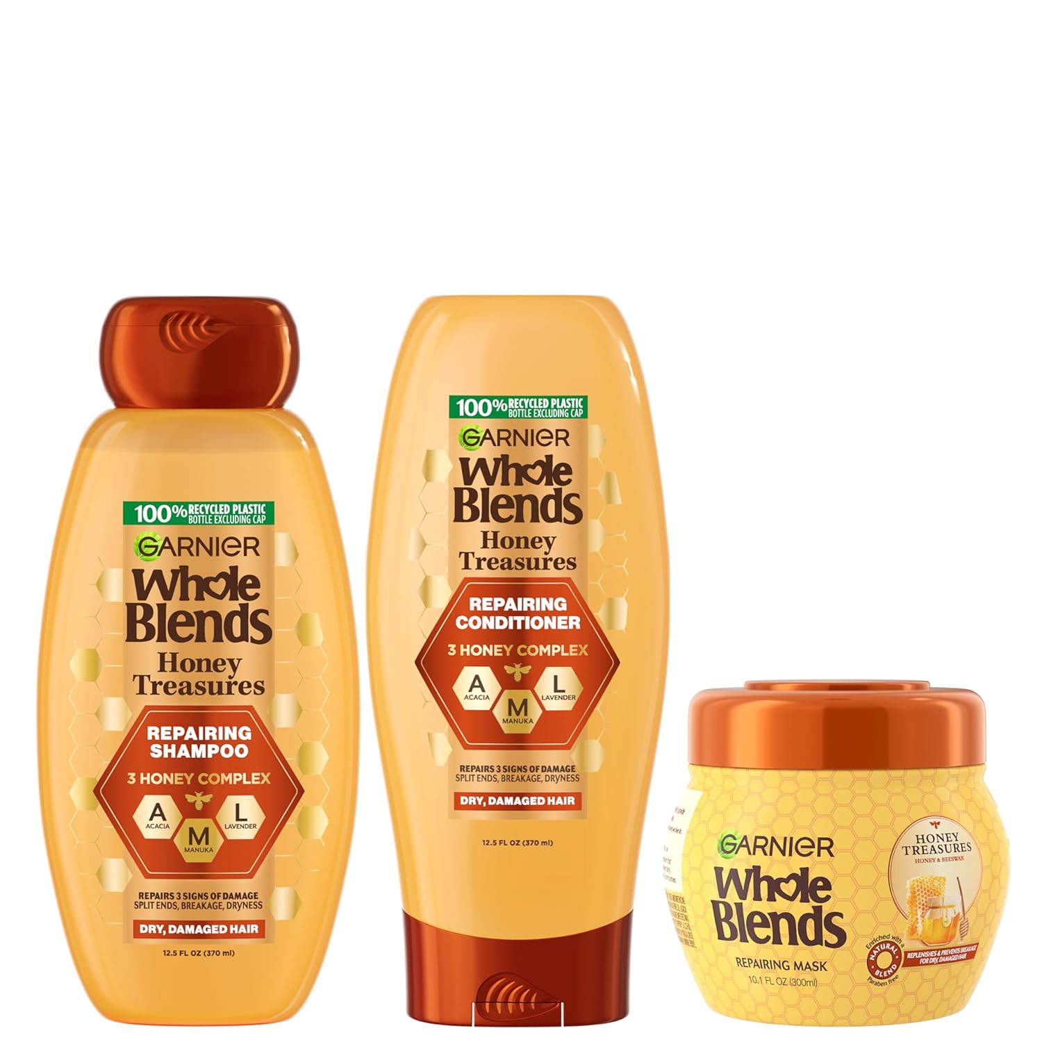 Garnier Whole Blends Honey Treasures Repairing Shampoo, Conditioner + Hair Mask Set For Dry, Damaged Hair (3 Items), 1 Kit (Packaging May Vary)