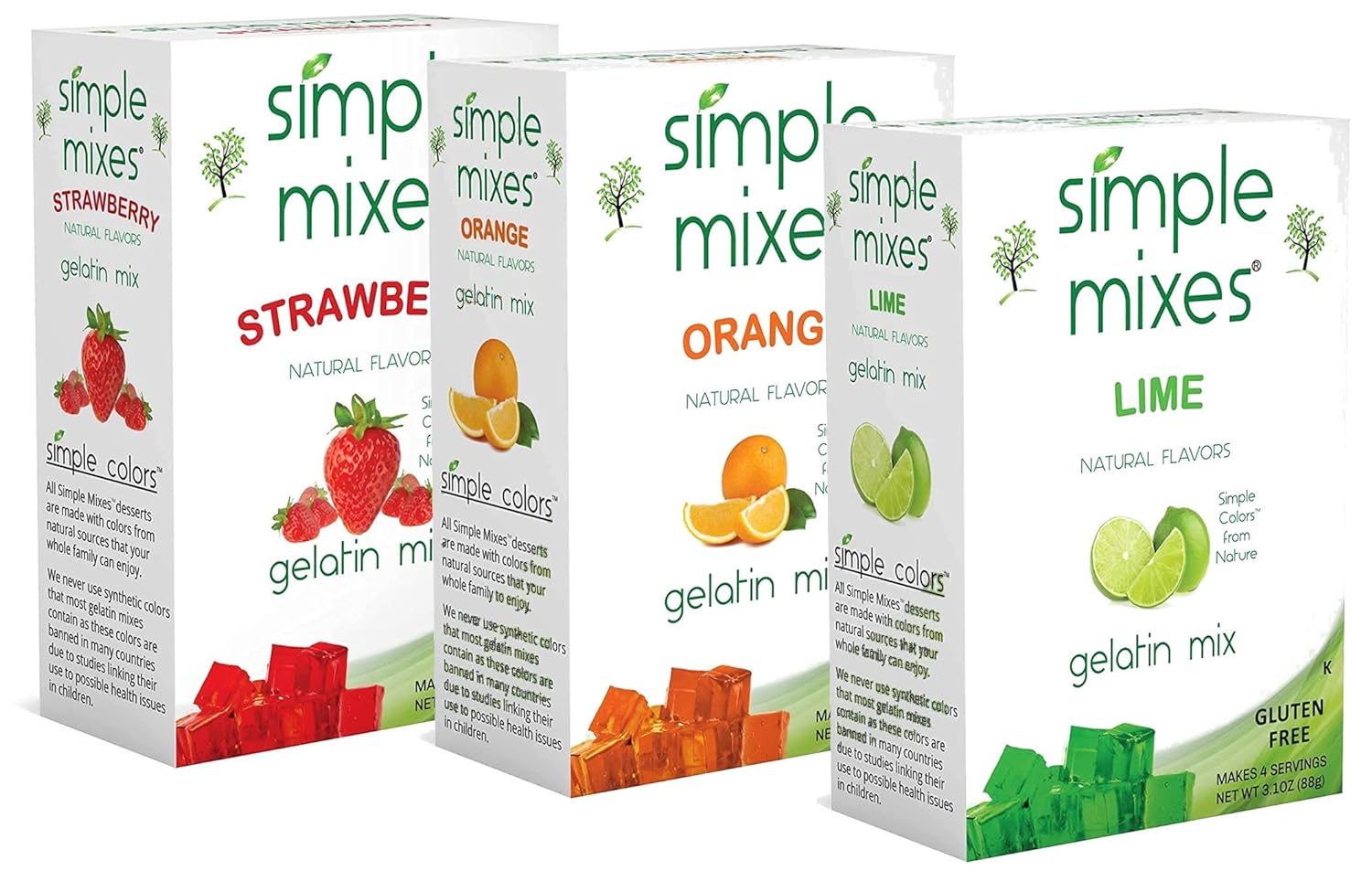 Simple Mixes Natural Gelatin Dessert, Variety Pack, Strawberry, Orange, & Lime, Healthy, Lactose, Fat & Gluten Free, Kosher, 3.1 Oz Per Package, 3 Count