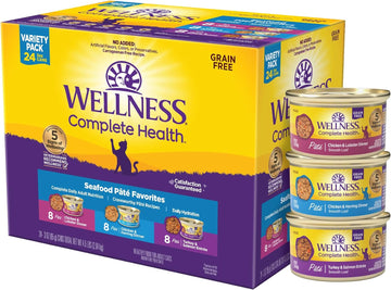 Wellness Complete Health Grain-Free Wet Canned Cat Food, Seafood Pate Favorites Variety Pack, 3 Ounce Can (Pack Of 24)