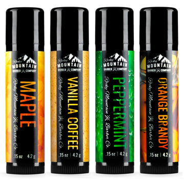 Lip Balm Set - 4 Scents - Maple, Vanilla Coffee, Peppermint, & Orange Brandy - No Shine Matte Finish - Featuring Coconut Oil, Avocado Oil, Bees Wax, & Shea Butter By Rocky Mountain Barber Company