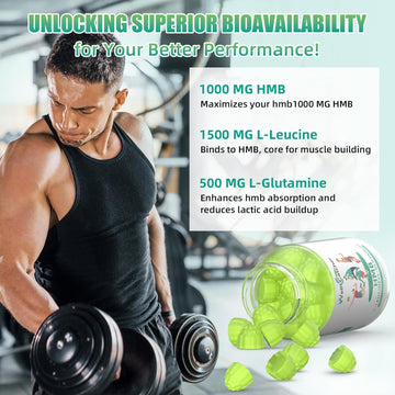 Hmb And Leucine Supplements Gummies: Hmb Supplements For Men Women With Leucine Amino Acid L-Glutamine Support Muscle Growth Relief Fast Workout Recovery Sugar Free Vegan Apple Flavor 30 Day Supply