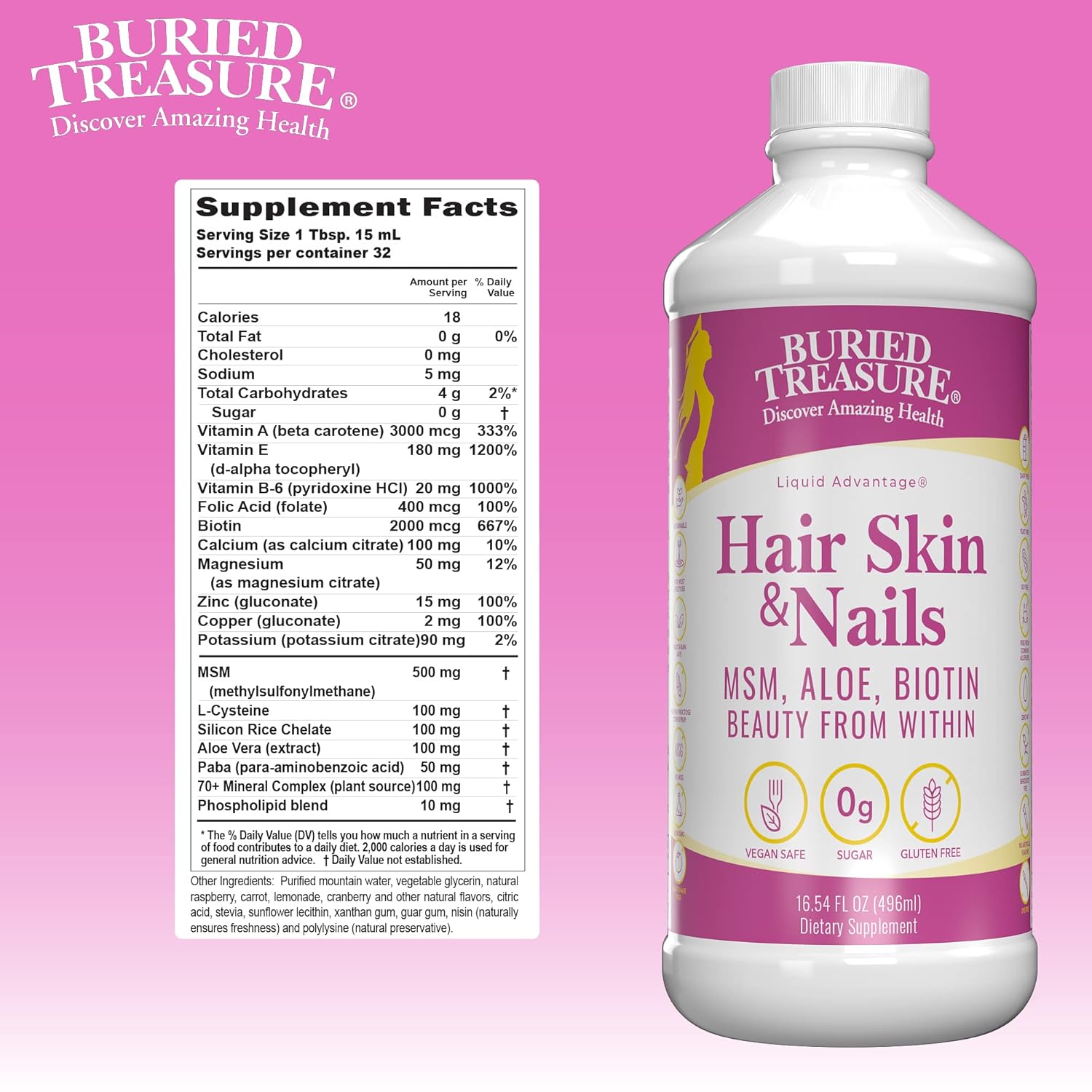 Buried Treasure Hair, Skin And Nails With Msm Biotin Aloe Vera Plus Vitamins And Minerals In A High Potency Liquid Whole Food Complex For Fuller Hair, Stronger Nails And Clearer Skin 16 Oz : Beauty & Personal Care