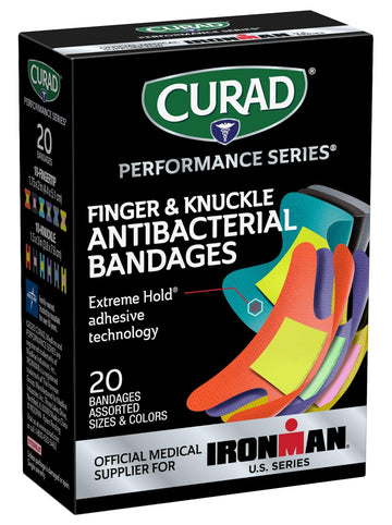 Curad Performance Series Ironman Fingertip And Knuckle Antibacterial Bandages, Extreme Hold Adhesive Technology, Fabric Bandages, 20 Count (Pack Of 1)