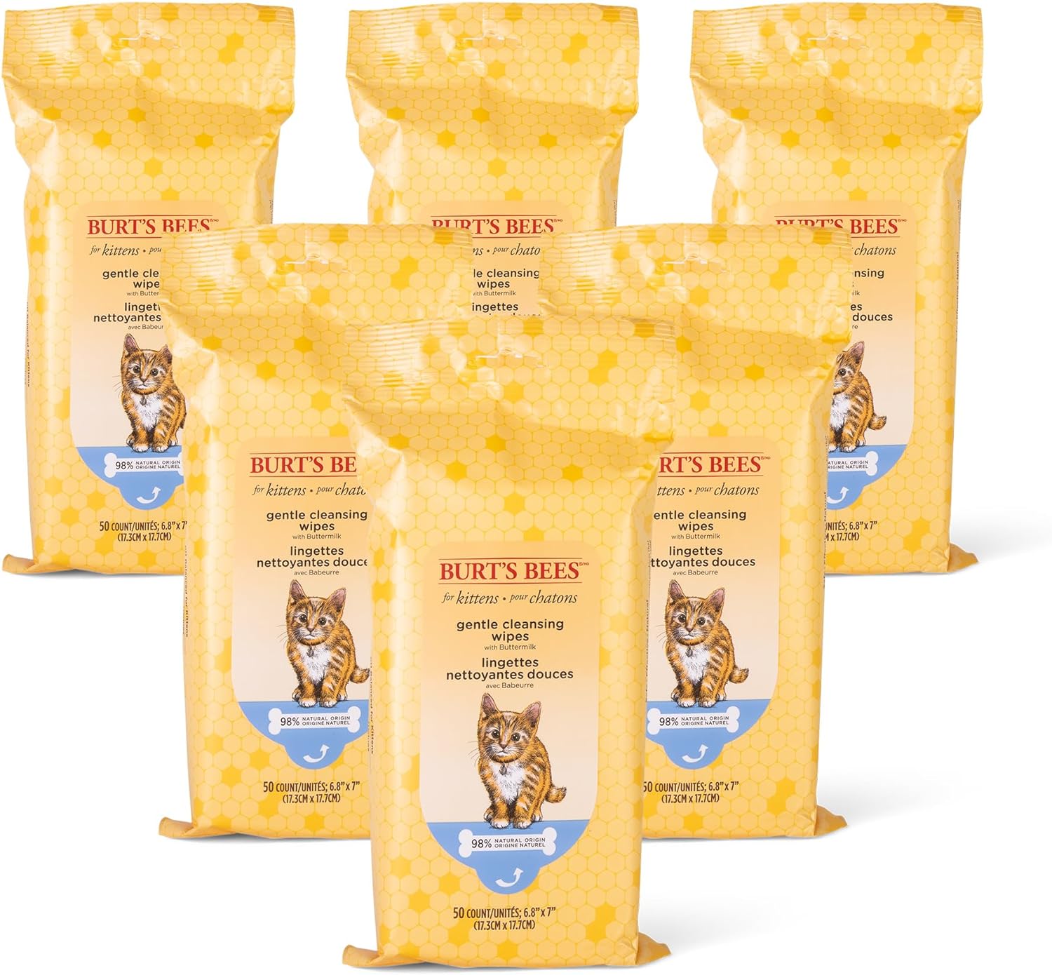 Burt's Bees for Pets Kitten Wipes Wipes | Kitten Wipes for All Cats, Safe for Kittens | Cruelty Free, Sulfate & Paraben Free, pH Balanced for Cats - Made in USA, 50 Count - 6 Pack