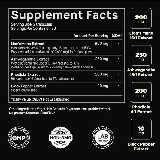 20,000Mg 16X Strength Lions Mane Supplement Capsules Super Nootropic W. Ashwagandha & Rhodiola - Highest Potency Lion'S Mane Mushroom Extract 50% Polysaccharides - Brain Supplement For Memory & Focus