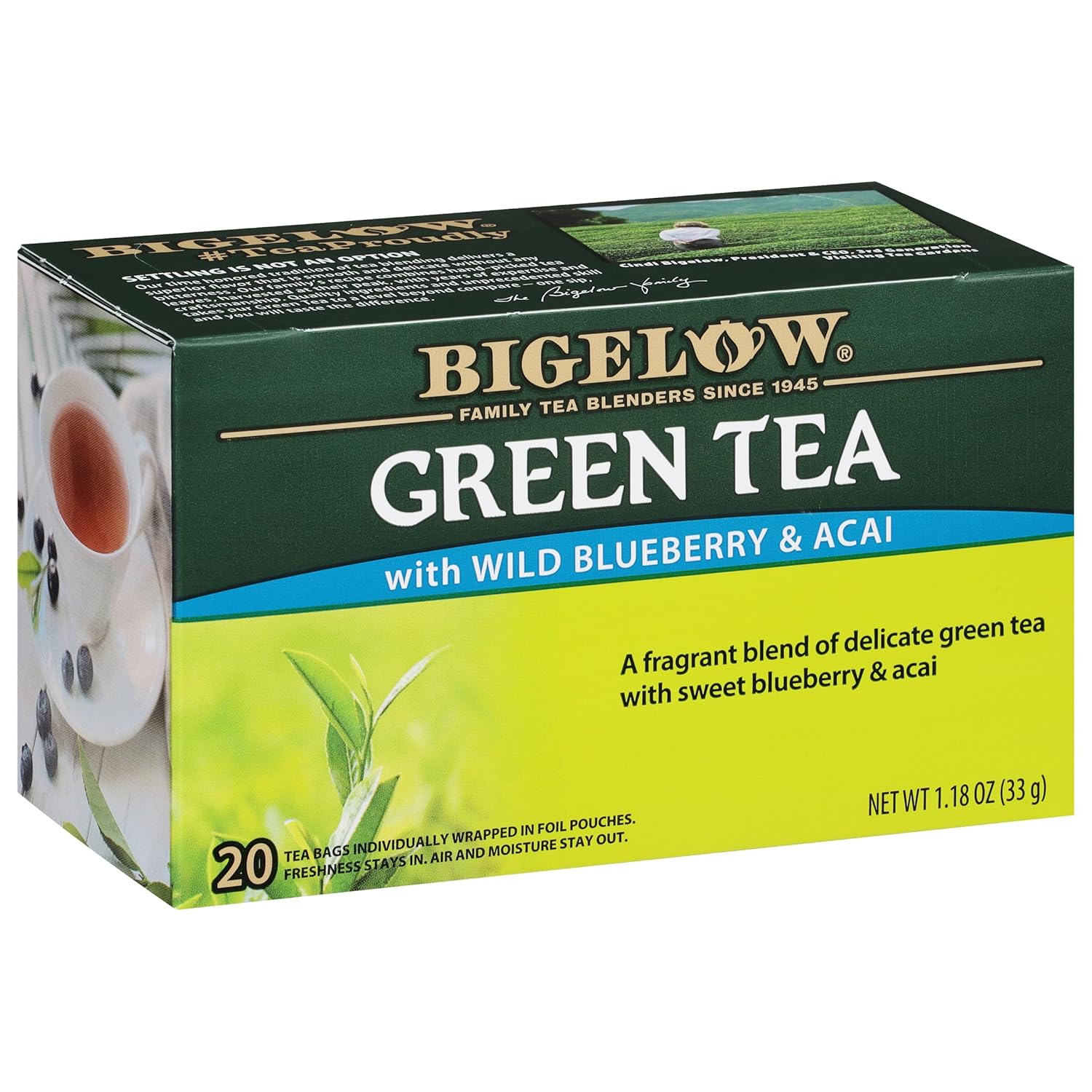 Bigelow Tea Green Tea With Wild Blueberry And Acai, Caffeinated Tea With Wild Blueberry And Acai, 20 Count Box (Pack Of 6), 120 Total Tea Bags