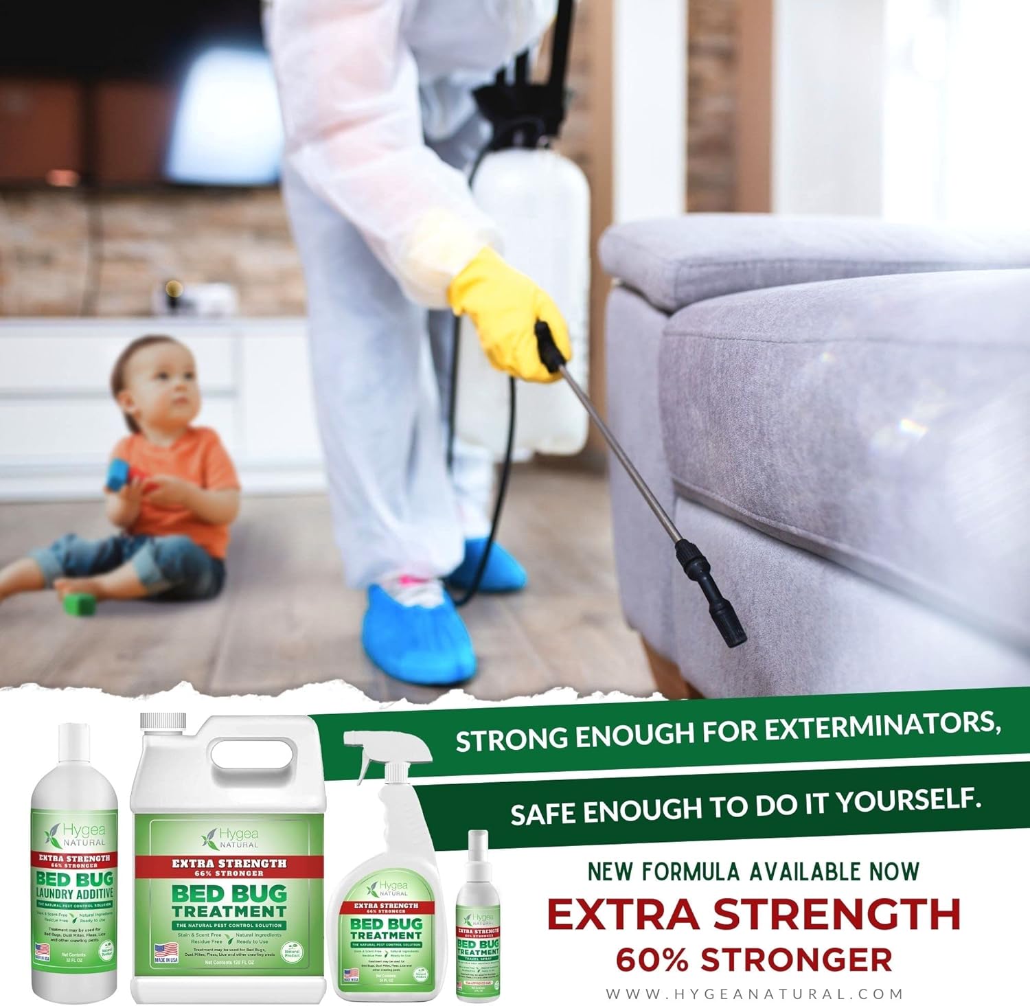 Hygea Natural Extra Strength Bed Bug Spray (128 Oz) & Medium Unisex Adult Coveralls (1 Pack) Bundle - Treat & Protect Bed Bugs, Dust, Mites, Lice, Fleas - Child & Pet Safe Natural Formula : Health & Household