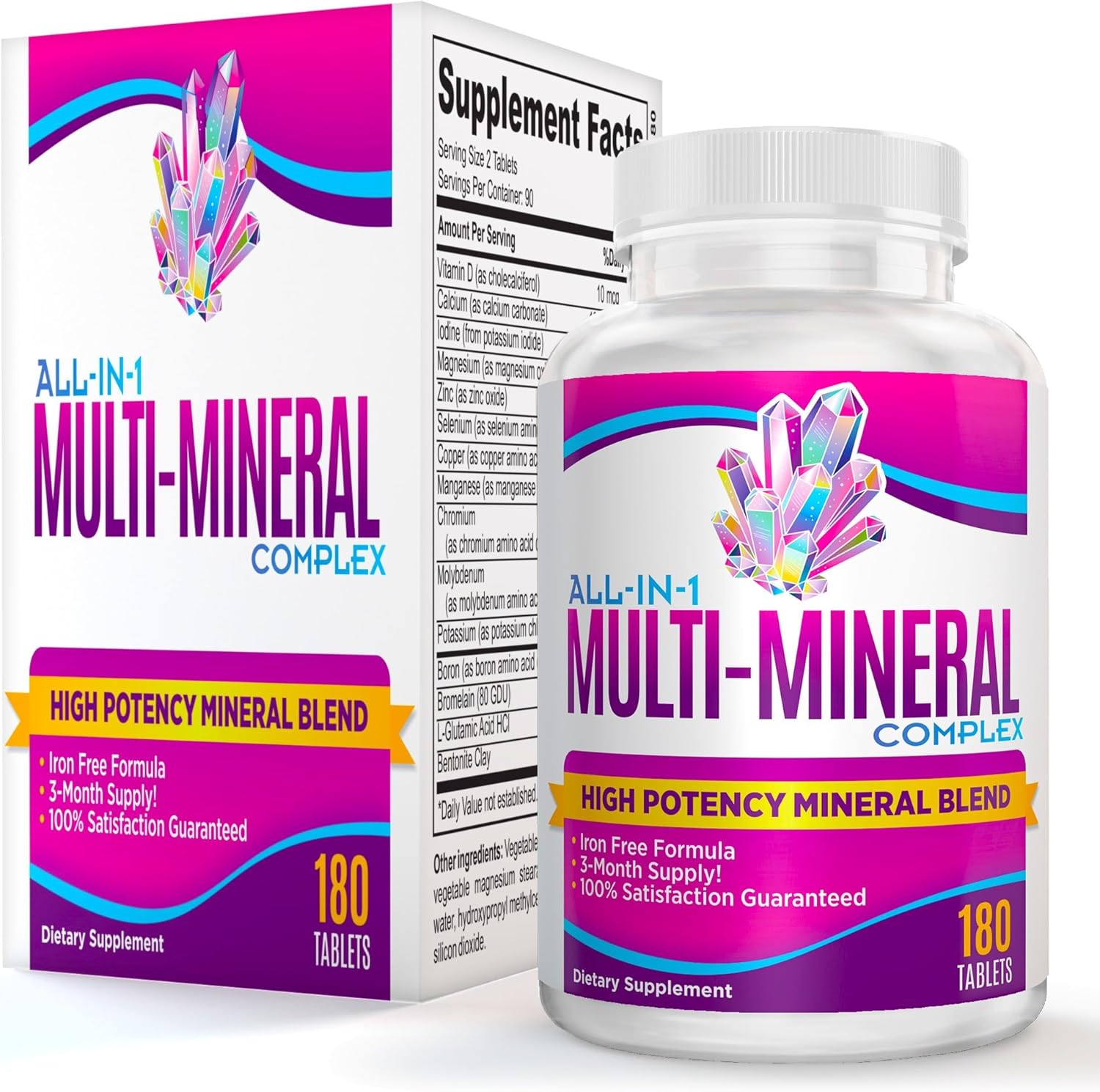 3-Month Multimineral Supplement Iron Free (All-In-1 Formula) Multi Mineral Complex - Trace Minerals - Mineral Supplements - High Potency Multiminerals - 180 Tablets