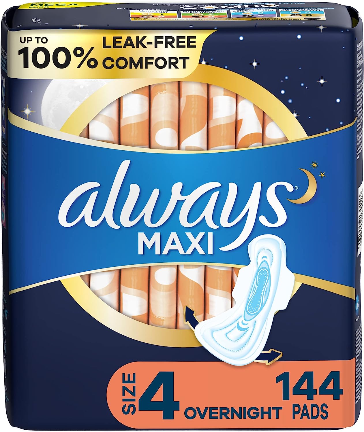 Always Maxi Feminine Pads For Women, Size 4 Overnight Absorbency, Multipack, With Wings, Unscented, 48 Count x 3 Packs (144 Count total)