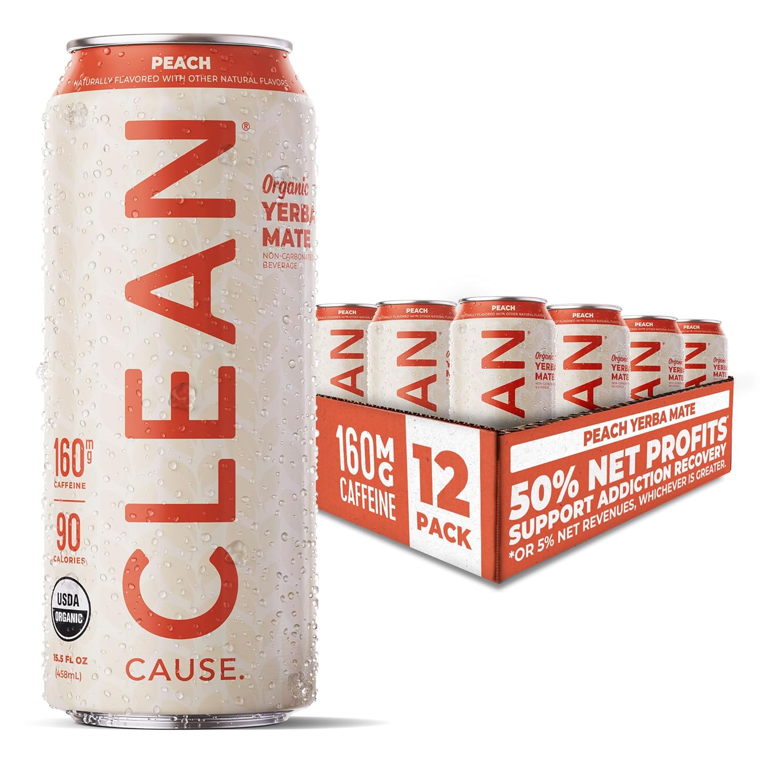New! Clean Cause Peach Usda Organic Yerba Mate Tea (15.5Oz Cans, 12-Pack Case) Non-Carbonated, 160Mg Caffeine
