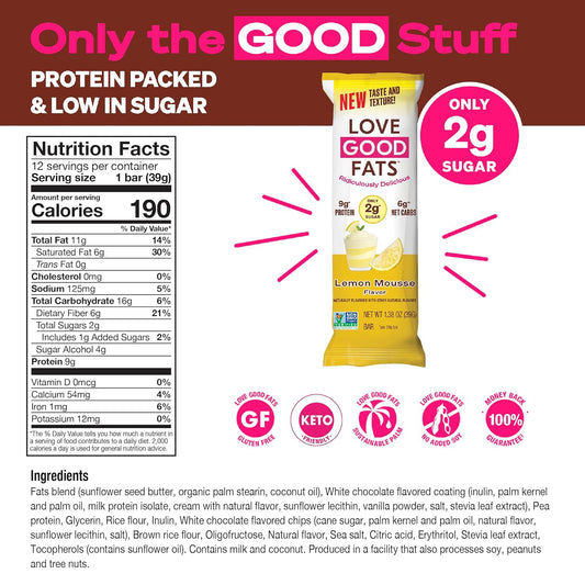 Love Good Fats Keto Bars, Truffle Lemon Mousse - Plant-Based Protein Snack, Low Carb, Low Sugar, Gluten Free, Non GMO, 12 Pack