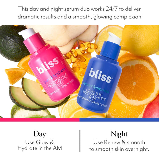 Bliss Glow & Hydrate Serum - Niacinamide + Hyaluronic Acid Serum Renew & Smooth Glycolic + Polyhydroxy Acid Night Serum - 1 Fl Oz - Clean - Vegan & Cruelty Free