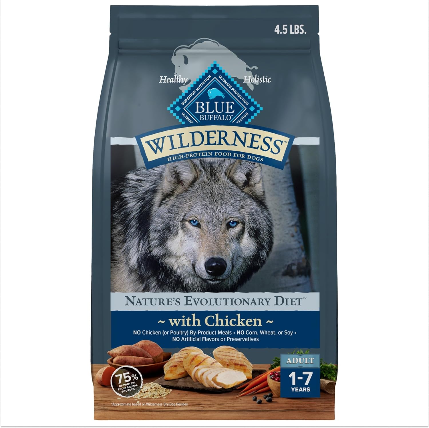 Blue Buffalo Wilderness Adult High-Protein Dry Dog Food with Real Chicken Plus Wholesome Grains, Made in the USA with Natural Ingredients, Chicken, 4.5-lb. Bag