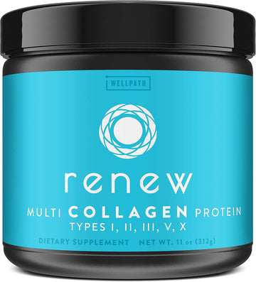 Wellpath Renew Multi Collagen Protein Powder For Women | Complex Supplement - Hydrolyzed Grass-Fed Bovine, Marine, & Chicken Sources | Types I, Ii, Iii, V, X | 11 Oz