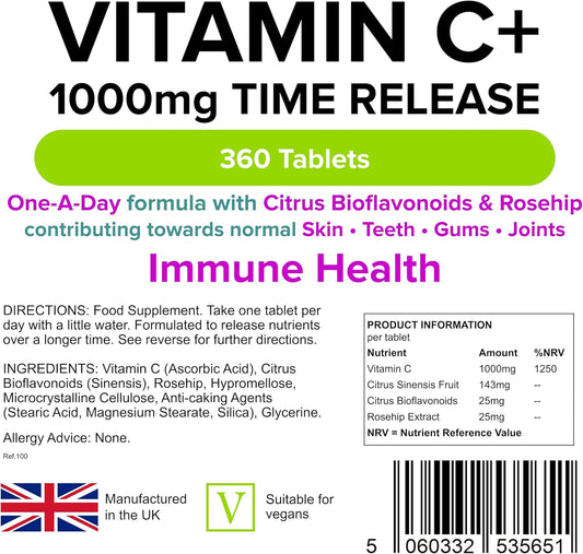 Lindens Vitamin C+ 1000mg – 360 Tablets – One-a-Day Time-Release Tablets with Citrus Bioflavonoids and Rosehip – Immune System Health – UK Manufacturer, Letterbox Friendly