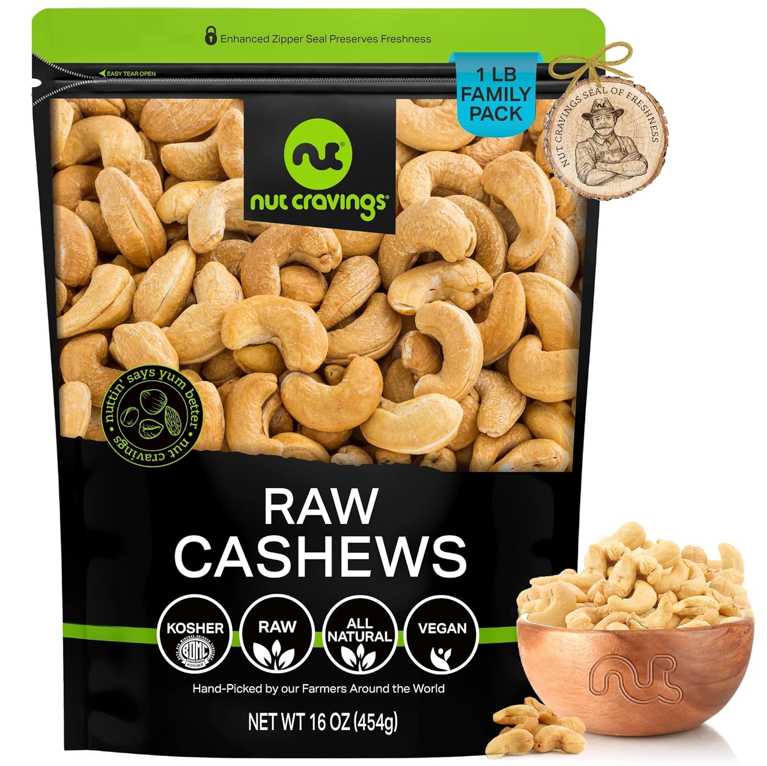 Nut Cravings - Raw Whole Cashews, Unsalted, Shelled, (16Oz - 1 Lb) Bulk Nuts Packed Fresh In Resealable Bag Kosher Healthy Snack, Natural Keto Vegan - Ideal For Trail Mixed Nuts