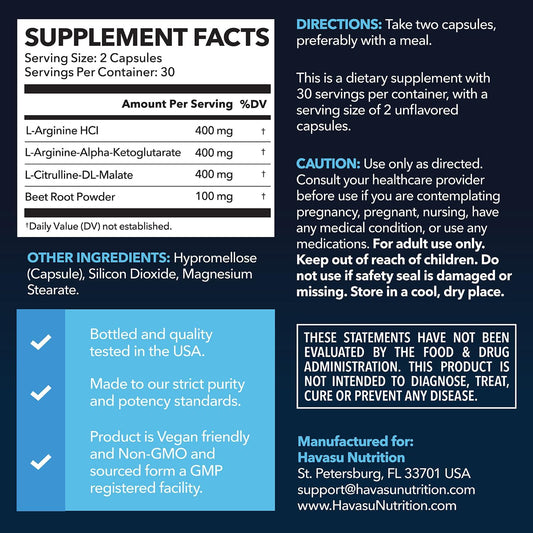 L-Arginine Capsules With L-Citrulline - Nitric Oxide Supplement - L Arginine And L Citrulline Blend - 120 Count - Vegan, Non-Gmo Capsules For Performance, Endurance And Muscle Support - 2 Month Supply