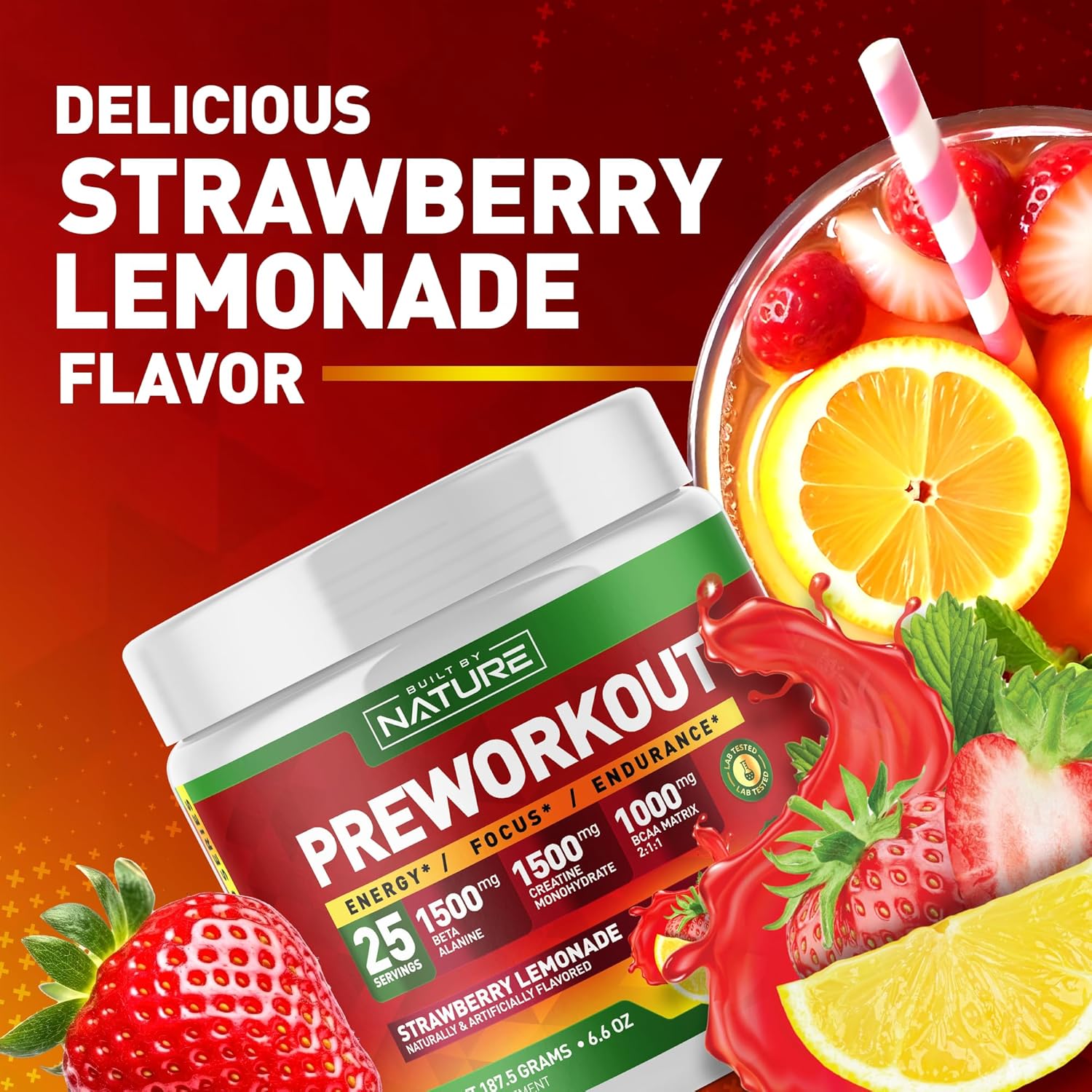Built By Nature Pre Workout Powder With Beta Alanine, Creatine Monohydrate, Bcaa, L Citrulline, L Arginine And Caffeine - Strawberry Lemonade Flavor - 25 Servings : Health & Household
