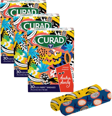 Curad Kendra Dandy Designer Bandages, 2 Colorful Patterns - Bananas And Dragonfruit, Flex-Fabric, Standard Bandages Are .75" X 3", 30 Count (3 Pack)