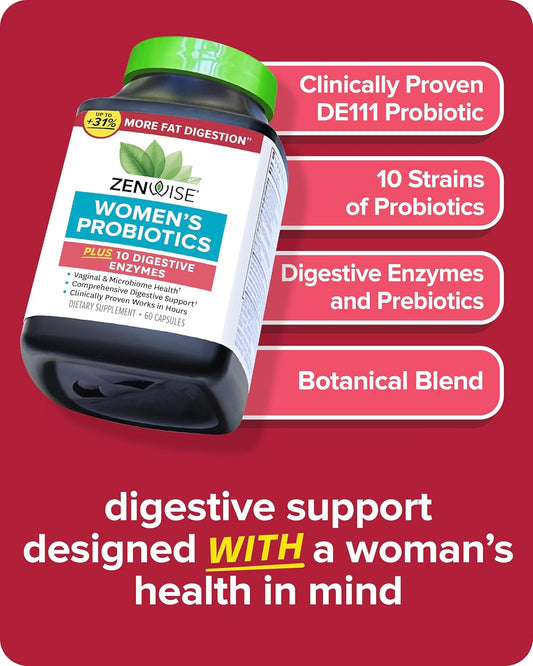 Zenwise Health Probiotics For Women - Digestive Enzymes For Bloating Relief, Vaginal Health, And Gut Flora Health, Daily Women Probiotic & Prebiotic Supplement For Digestive Health - 60 Ct