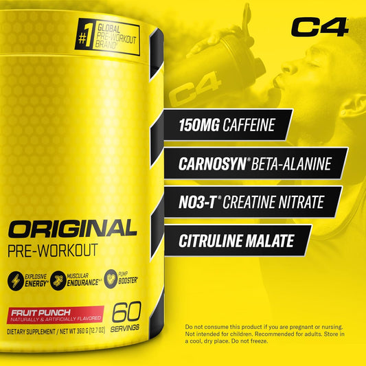 C4 Original Pre Workout Powder Fruit Punch - Vitamin C For Immune Support - Sugar Free Preworkout Energy For Men & Women - 150Mg Caffeine + Beta Alanine + Creatine - 60 Servings