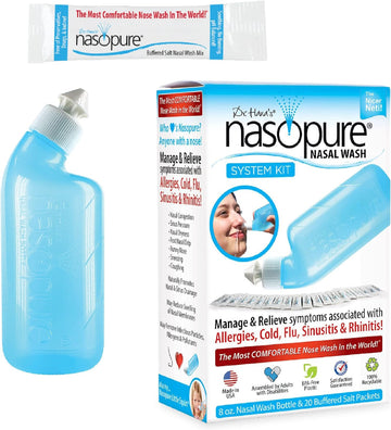 Nasopure Nasal Wash, System Kit, “The Nicer Neti Pot” Sinus Wash Kit, Comfortable Nasal Rinse 8 Oz Bottle & 20 Salt Packets (3.75 Grams Each), Nasal Congestion, Cold, Flu, Allergy, Nasal Irrigation