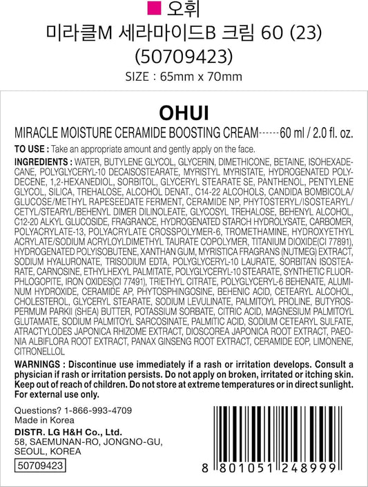 O Hui Miracle Moisture Ceramide Boosting Cream | 24Hrs Moisturizing Power | Korean Skin Care | Moisturizer Face Cream | Daily Cream | Ceramides, Glycerin, Shea Butter | Glass Skin | All Skin Types