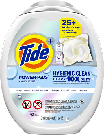 Tide Hygienic Clean Heavy Duty 10X Free Power Pods Laundry Detergent, 63 Count, Unscented, For Visible And Invisible Dirt