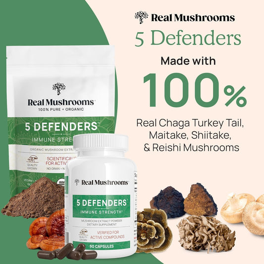 Real Mushrooms Vitamin D2, Zinc (120Ct) And 5 Defenders (200Ct) Bundle - With Turkey Tail, Shiitake, Reishi, Chaga, Maitake - Natural Immune Strength Supplement - Vegan, Gluten Free, Non-Gmo