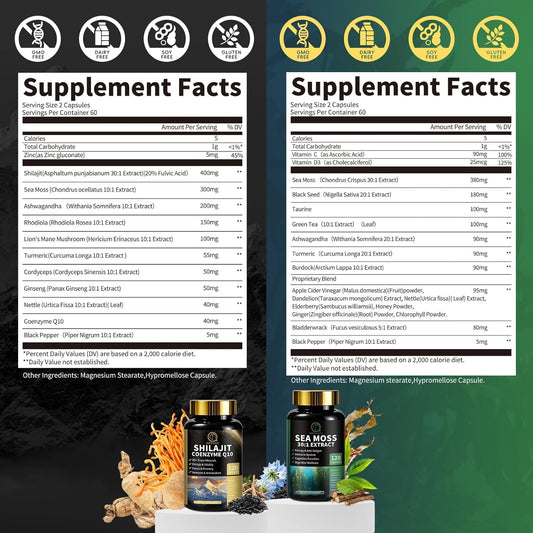 Shilajit For Men, Sea Moss And Shilajit Bundle, All In 1 Supplements With Coenzyme Q10, Black Seed, Ashwagandha, Taurine, Burdock For Energy, Endurance, Antioxidant & Immune Support, 240 Capsules