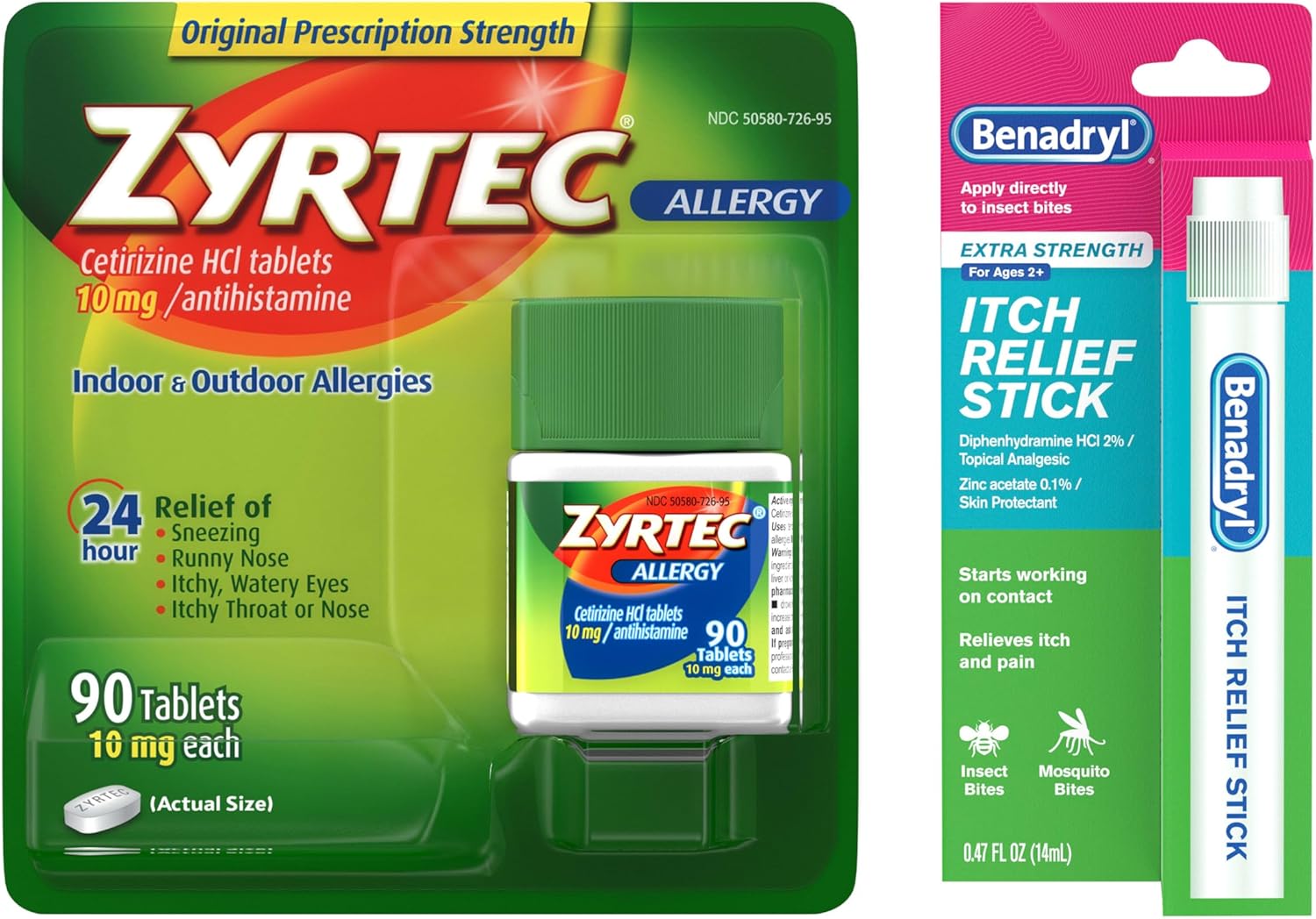 Zyrtec 24 Hour Allergy Relief Tablets With Cetirizine Hcl Antihistamine, 90 Ct & Benadryl Extra Strength Itch Relief Stick With Diphenhydramine Hci Topical Analgesic, Bonus Pack, 2 Items