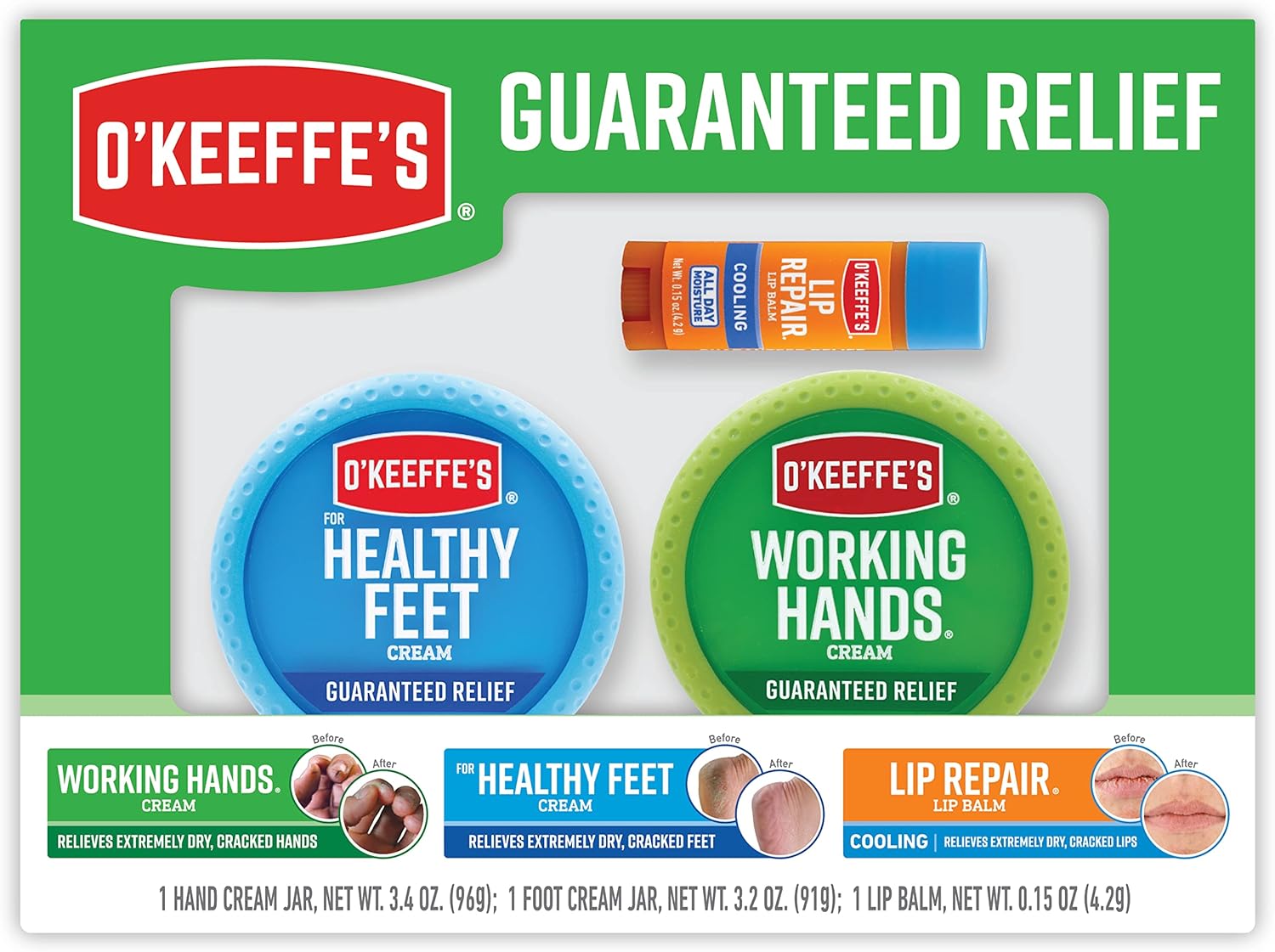 O'Keeffe's Giftbox Including Cooling Relief Lip Repair Stick, Working Hands Jar and Healthy Feet Jar
