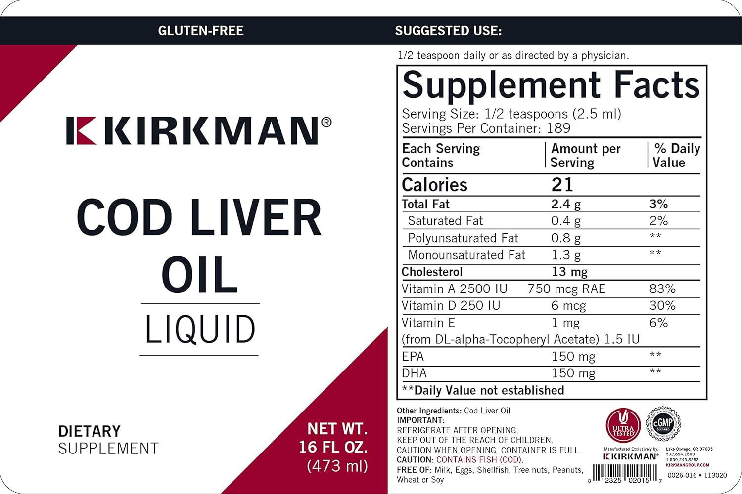 Kirkman Cod Liver Oil Liquid - Unflavored 16oz. : Health & Household