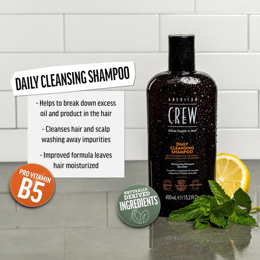 American Crew Shampoo For Men, Daily Cleanser, Naturally Derived, Vegan Formula, Citrus Mint Fragrance, 3.3 Fl Oz