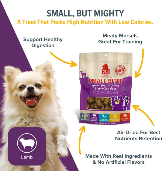 PLATO Small Bites Dog Treats | Natural, Bite Sized Real Meat & Lamb Flavor | Grain Free & High in Protein | Air Dried Authentic Ingredients | 2 Calories Per Treat | Made in The USA | 6 Ounces