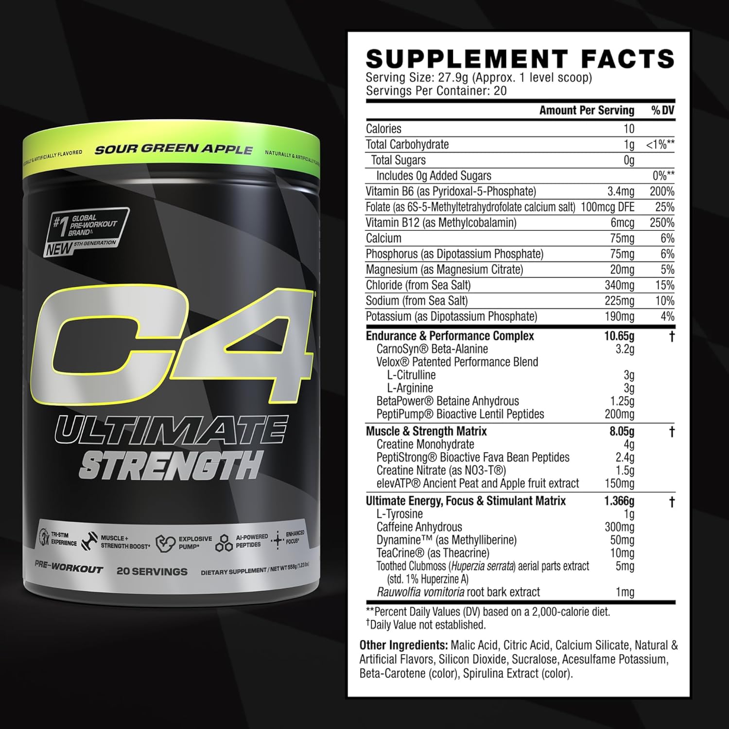 Cellucor C4 Ultimate Strength Pre Workout Powder - Tri-Stim Experience 300Mg Caffeine+Teacrine+Dynamine - Creatine & Beta-Alanine - Energy Supplement For Men & Women - Sour Green Apple, 20 Servings : Health & Household